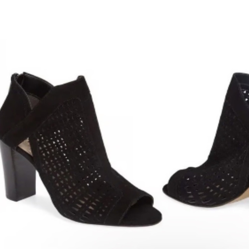 Vince Camuto Black Suede Cranita Perforated Blocked Heel Booties